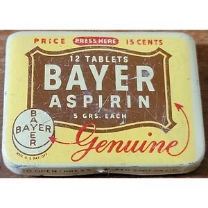 Vintage Bayer Aspirin Tin 12 Tablets Empty Yellow Brown Metal Advertising Case